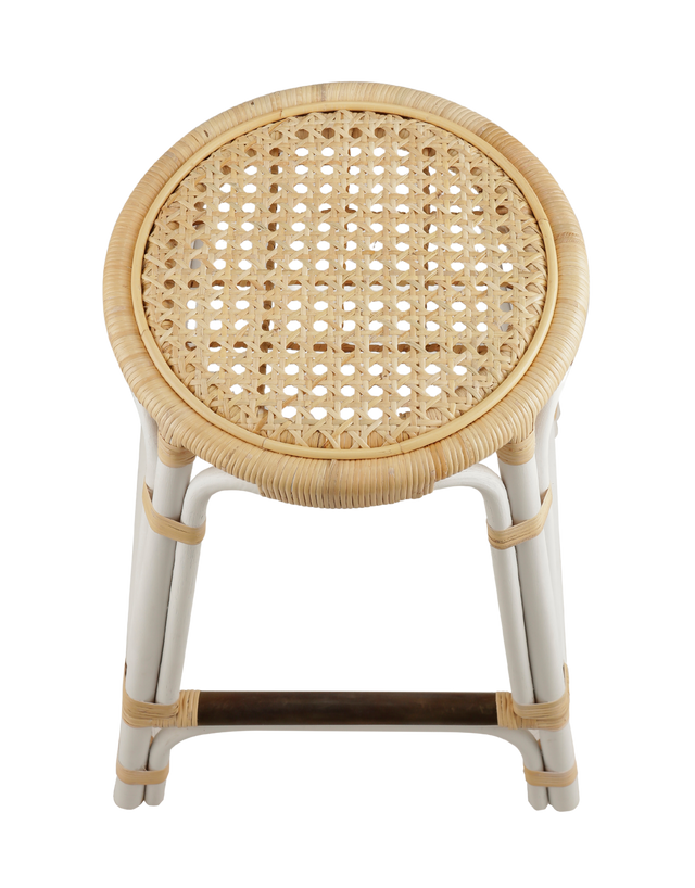 top view. A rattan counter stool with a round woven seat and white frame accented with natural rattan bindings, shown against a transparent background.