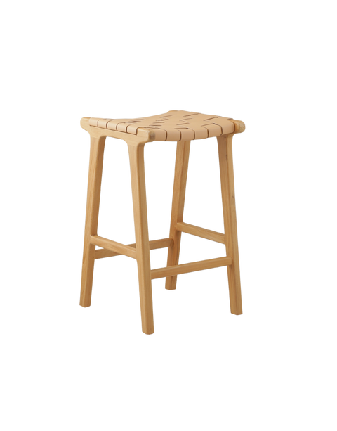 sleek counter stool with a wooden frame and a leather strap seat. The seat is made of woven tan leather strips, creating a modern, minimalist look. The frame is simple, with straight wooden legs and a crossbar for added support. 