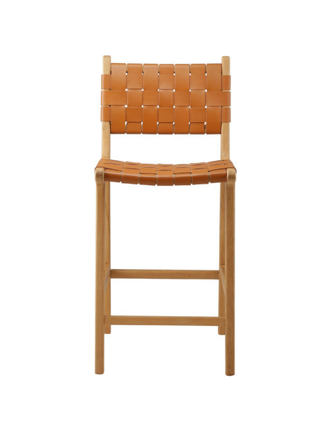 modern counter stool with a woven leather seat and backrest. The seat and backrest are made from interlaced tan leather strips, offering a stylish and comfortable design. The stool has a simple wooden frame with straight legs and a crossbar for added stability, combining contemporary and rustic elements.