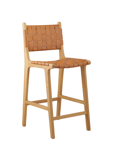 modern counter stool with a woven leather seat and backrest. The seat and backrest are made from interlaced tan leather strips, offering a stylish and comfortable design. The stool has a simple wooden frame with straight legs and a crossbar for added stability, combining contemporary and rustic elements. 3/4 view