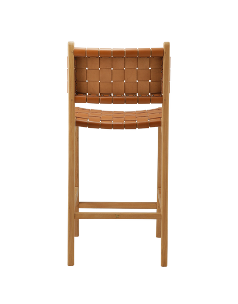 modern counter stool with a woven leather seat and backrest. The seat and backrest are made from interlaced tan leather strips, offering a stylish and comfortable design. The stool has a simple wooden frame with straight legs and a crossbar for added stability, combining contemporary and rustic elements. Back view