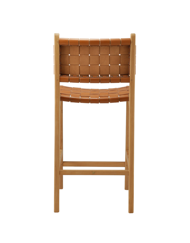 modern counter stool with a woven leather seat and backrest. The seat and backrest are made from interlaced tan leather strips, offering a stylish and comfortable design. The stool has a simple wooden frame with straight legs and a crossbar for added stability, combining contemporary and rustic elements. Back view