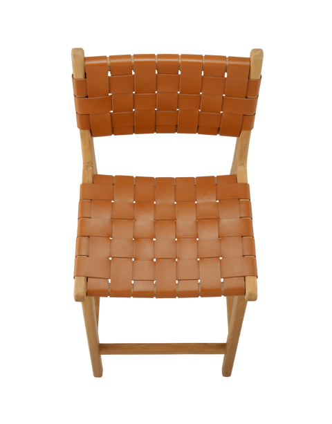 modern counter stool with a woven leather seat and backrest. The seat and backrest are made from interlaced tan leather strips, offering a stylish and comfortable design. The stool has a simple wooden frame with straight legs and a crossbar for added stability, combining contemporary and rustic elements. Top view