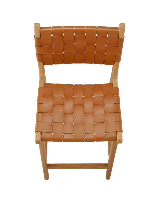 modern counter stool with a woven leather seat and backrest. The seat and backrest are made from interlaced tan leather strips, offering a stylish and comfortable design. The stool has a simple wooden frame with straight legs and a crossbar for added stability, combining contemporary and rustic elements. Top view