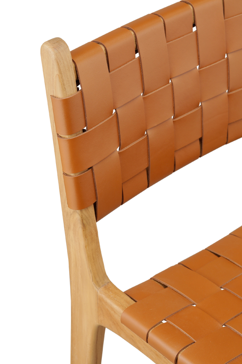 modern counter stool with a woven leather seat and backrest. The seat and backrest are made from interlaced tan leather strips, offering a stylish and comfortable design. The stool has a simple wooden frame with straight legs and a crossbar for added stability, combining contemporary and rustic elements. back and seat detailed view