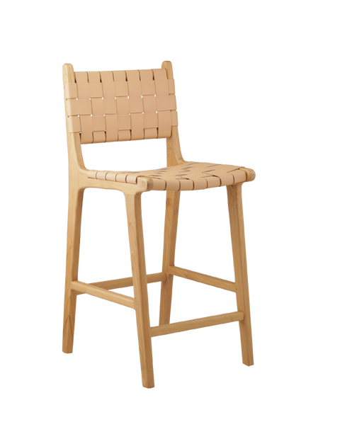 modern counter stool with a woven leather seat and backrest. The seat and backrest are made from interlaced tan leather strips, offering a stylish and comfortable design. The stool has a simple wooden frame with straight legs and a crossbar for added stability, combining contemporary and rustic elements.