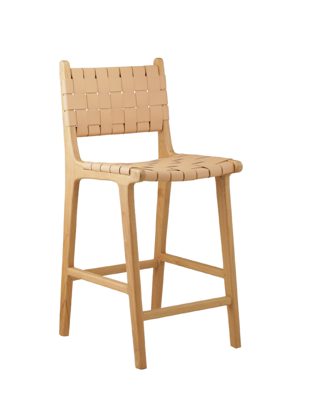 modern counter stool with a woven leather seat and backrest. The seat and backrest are made from interlaced tan leather strips, offering a stylish and comfortable design. The stool has a simple wooden frame with straight legs and a crossbar for added stability, combining contemporary and rustic elements.