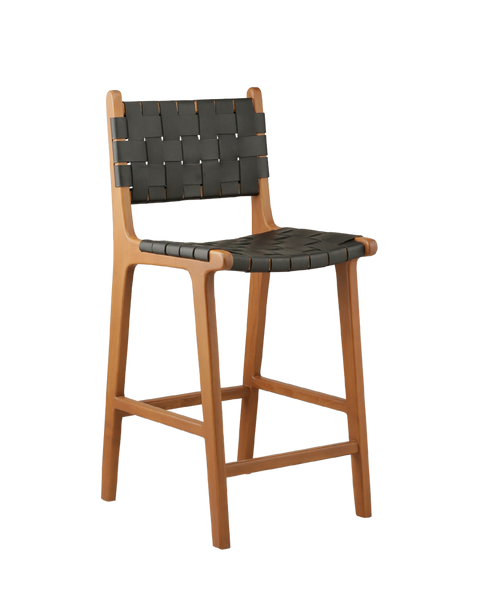 modern counter stool with a woven leather seat and backrest. The seat and backrest are made from interlaced tan leather strips, offering a stylish and comfortable design. The stool has a simple wooden frame with straight legs and a crossbar for added stability, combining contemporary and rustic elements.