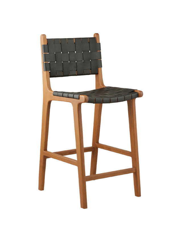 modern counter stool with a woven leather seat and backrest. The seat and backrest are made from interlaced tan leather strips, offering a stylish and comfortable design. The stool has a simple wooden frame with straight legs and a crossbar for added stability, combining contemporary and rustic elements.