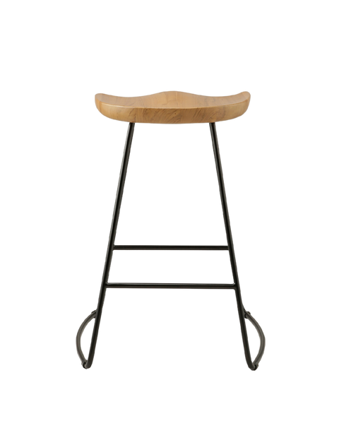 counter stool with a sleek, curved teak wood seat supported by a black metal frame. The seat has a smooth, natural finish, offering a minimalist design with clean lines and a modern aesthetic. back view