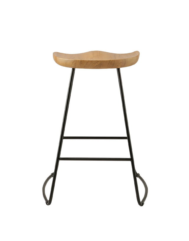 counter stool with a sleek, curved teak wood seat supported by a black metal frame. The seat has a smooth, natural finish, offering a minimalist design with clean lines and a modern aesthetic. back view