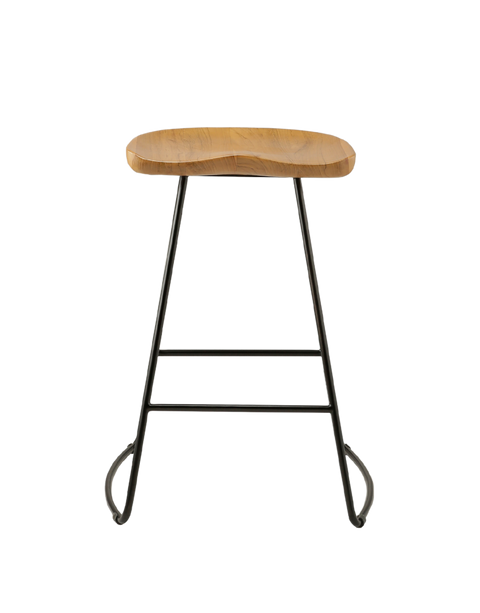 counter stool with a sleek, curved teak wood seat supported by a black metal frame. The seat has a smooth, natural finish, offering a minimalist design with clean lines and a modern aesthetic.