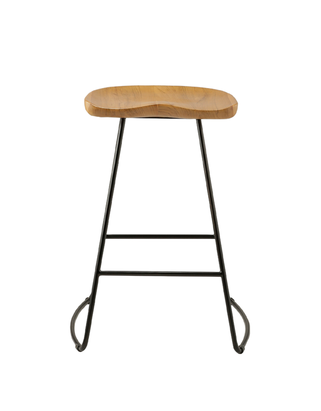 counter stool with a sleek, curved teak wood seat supported by a black metal frame. The seat has a smooth, natural finish, offering a minimalist design with clean lines and a modern aesthetic.