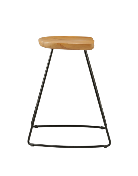 counter stool with a sleek, curved teak wood seat supported by a black metal frame. The seat has a smooth, natural finish, offering a minimalist design with clean lines and a modern aesthetic. side view