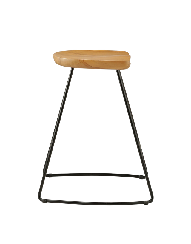 counter stool with a sleek, curved teak wood seat supported by a black metal frame. The seat has a smooth, natural finish, offering a minimalist design with clean lines and a modern aesthetic. side view