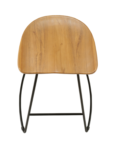 counter stool with a sleek, curved teak wood seat supported by a black metal frame. The seat has a smooth, natural finish, offering a minimalist design with clean lines and a modern aesthetic. top view