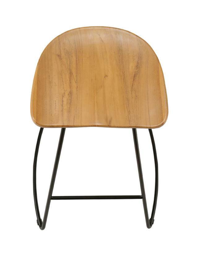 counter stool with a sleek, curved teak wood seat supported by a black metal frame. The seat has a smooth, natural finish, offering a minimalist design with clean lines and a modern aesthetic. top view