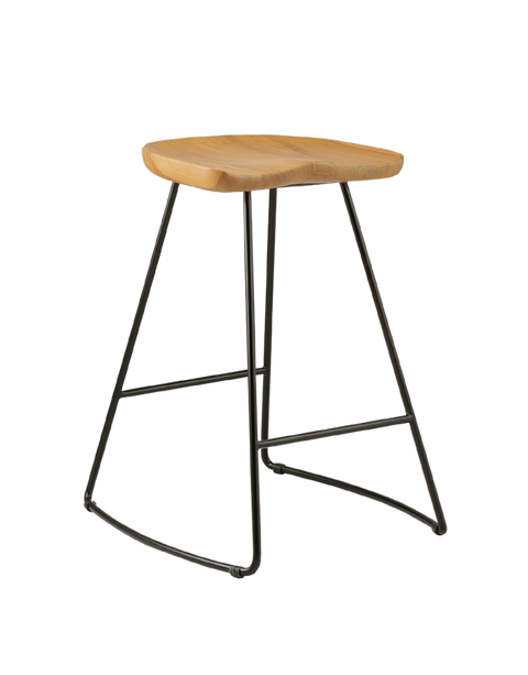 counter stool with a sleek, curved teak wood seat supported by a black metal frame. The seat has a smooth, natural finish, offering a minimalist design with clean lines and a modern aesthetic. 3/4 view