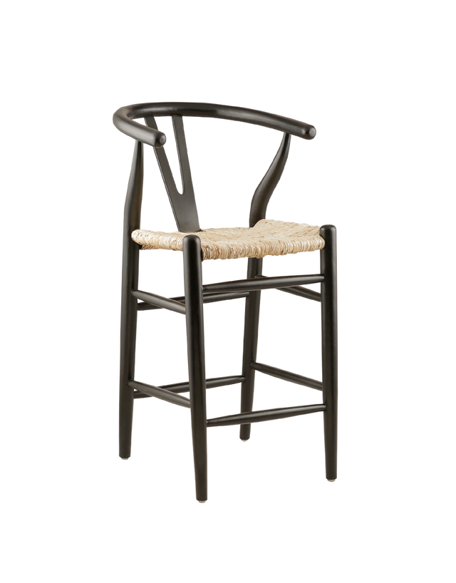 3/4 view. A black wooden counter stool with a curved backrest and a woven natural fiber seat, shown against a transparent background.