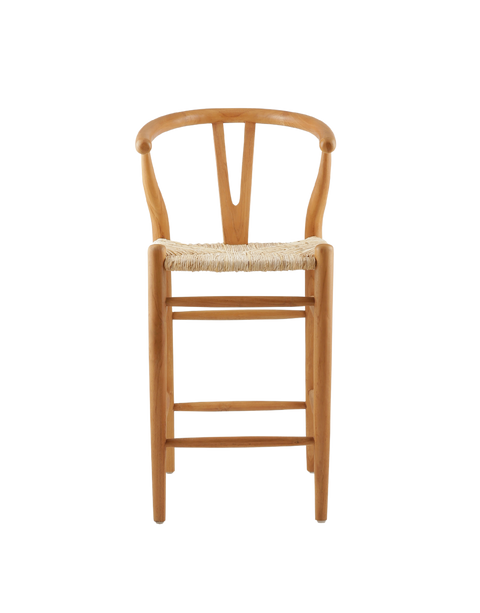 counter stool made from teak wood with a woven seat. The stool features a classic design with a curved backrest and straight legs. The natural wood finish highlights the rich grain of the teak, giving it a timeless, rustic charm.