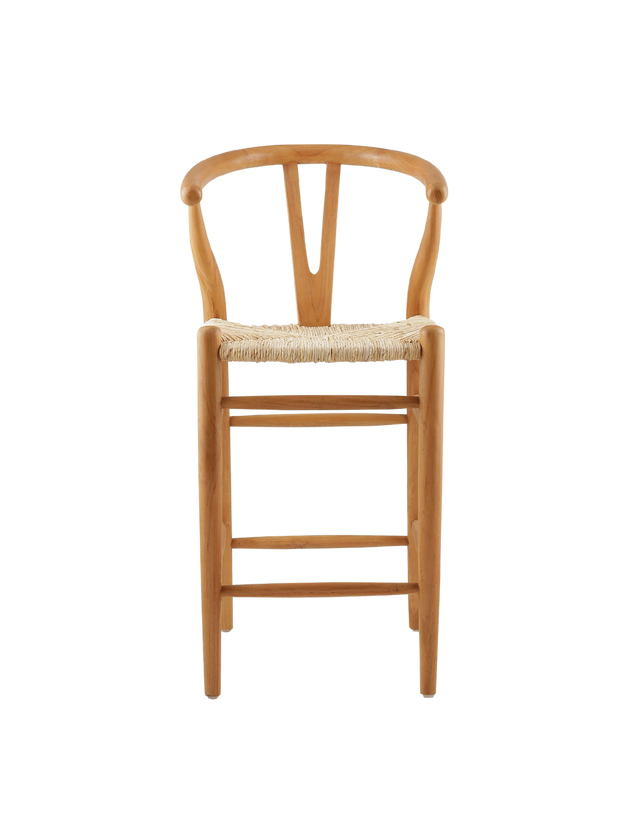 counter stool made from teak wood with a woven seat. The stool features a classic design with a curved backrest and straight legs. The natural wood finish highlights the rich grain of the teak, giving it a timeless, rustic charm.