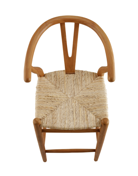 counter stool made from teak wood with a woven seat. The stool features a classic design with a curved backrest and straight legs. The natural wood finish highlights the rich grain of the teak, giving it a timeless, rustic charm. Top view