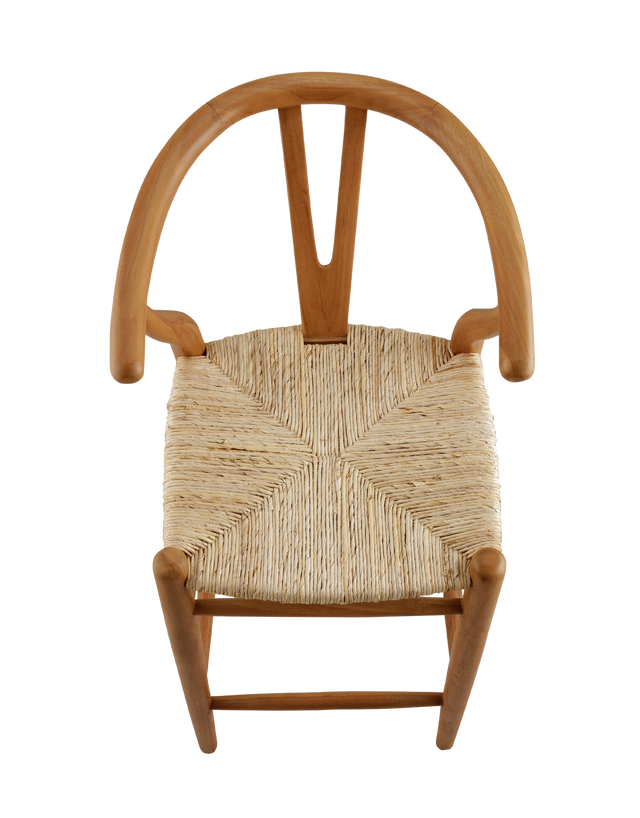 counter stool made from teak wood with a woven seat. The stool features a classic design with a curved backrest and straight legs. The natural wood finish highlights the rich grain of the teak, giving it a timeless, rustic charm. Top view