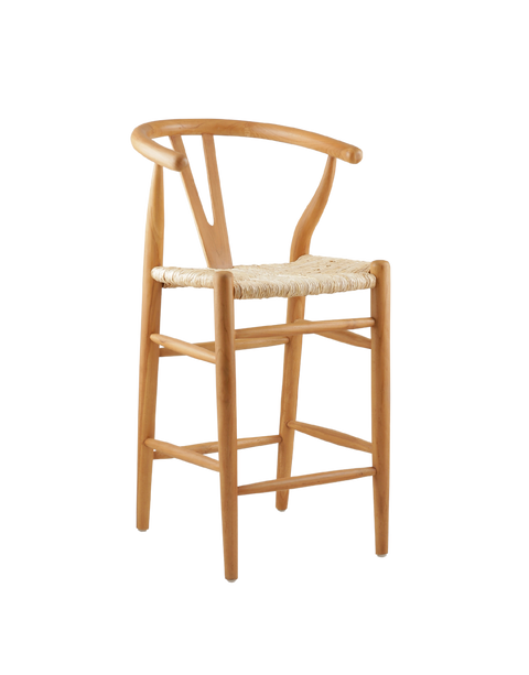 counter stool made from teak wood with a woven seat. The stool features a classic design with a curved backrest and straight legs. The natural wood finish highlights the rich grain of the teak, giving it a timeless, rustic charm. 3/4 view