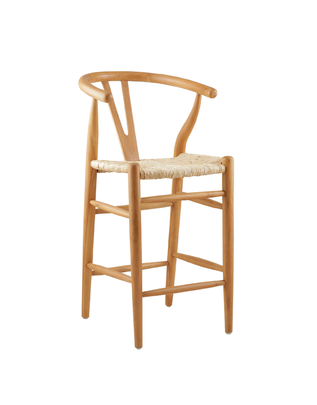 counter stool made from teak wood with a woven seat. The stool features a classic design with a curved backrest and straight legs. The natural wood finish highlights the rich grain of the teak, giving it a timeless, rustic charm. 3/4 view