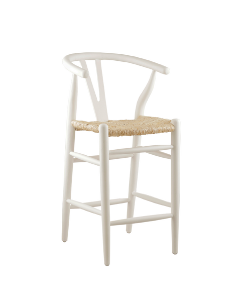 counter stool made from teak wood with a woven seat. The stool features a classic design with a curved backrest and straight legs. The natural wood finish highlights the rich grain of the teak, giving it a timeless, rustic charm.