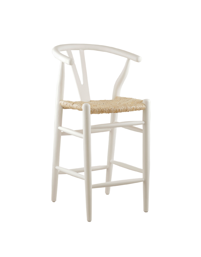 counter stool made from teak wood with a woven seat. The stool features a classic design with a curved backrest and straight legs. The natural wood finish highlights the rich grain of the teak, giving it a timeless, rustic charm.