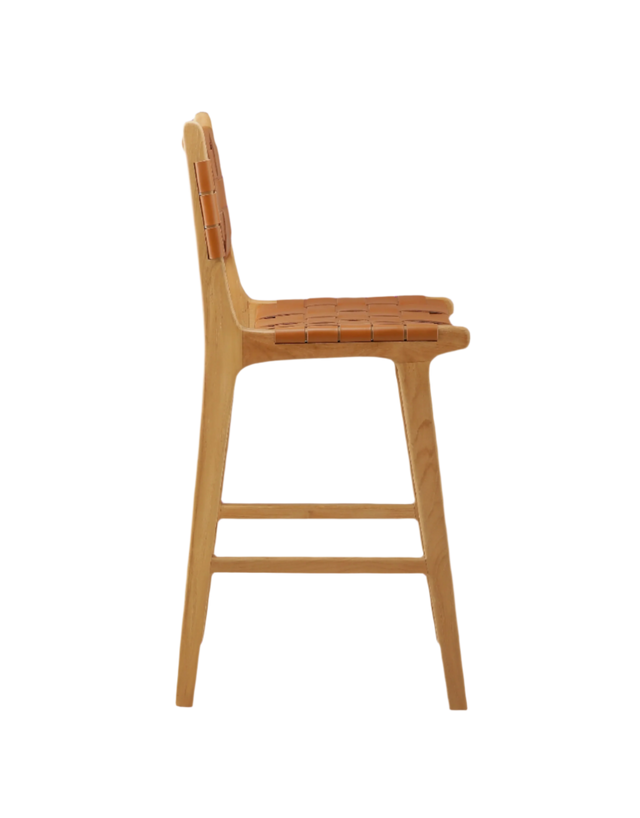 Canopy Tan Brown Counter Stools Leather Strips with Backs Cognac Counter Height Bar Stools Handwoven Teak Hati Hati Home Furniture