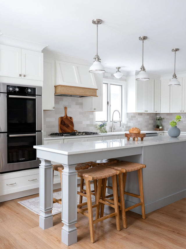 Counter stools in modern kitchen island, woven leather teak counter height barstools Bali Brand